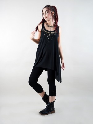 Hauts Toonzshop Sitaara Printed Knotted Sleeveless Tunic Femme Noir Doré | RSHM63791